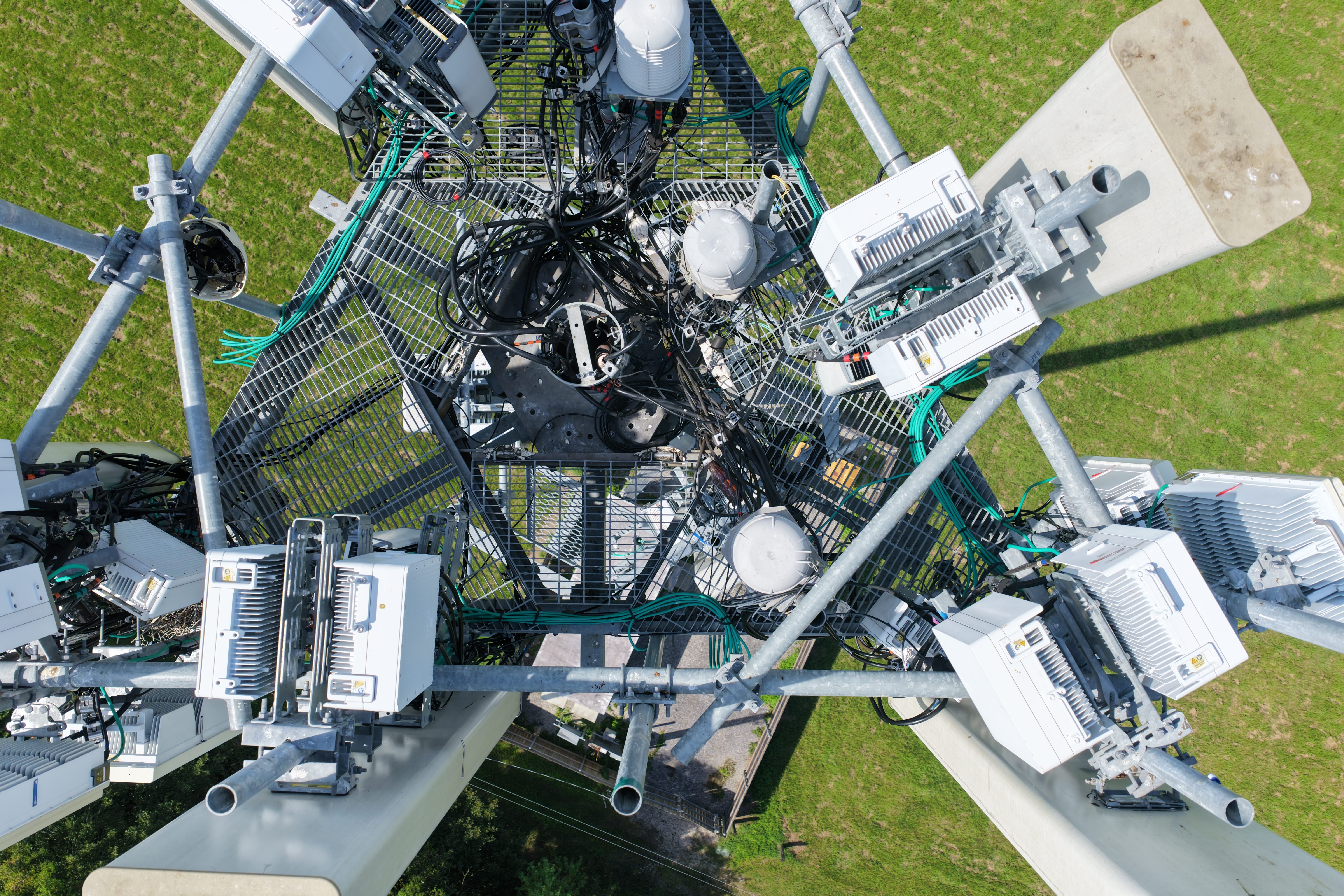 Overhead aerial view of telecommunications platform equipment