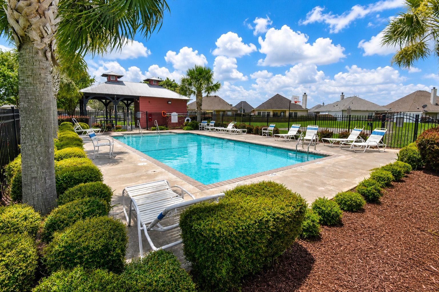 Landscaped neighborhood swimming pool