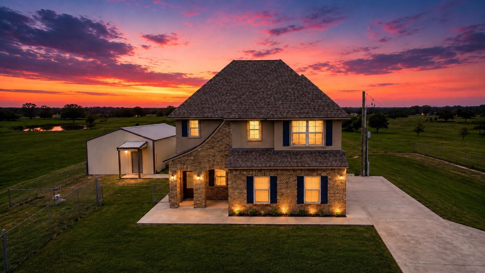 Aerial twilight view of a country home and surrounding grounds