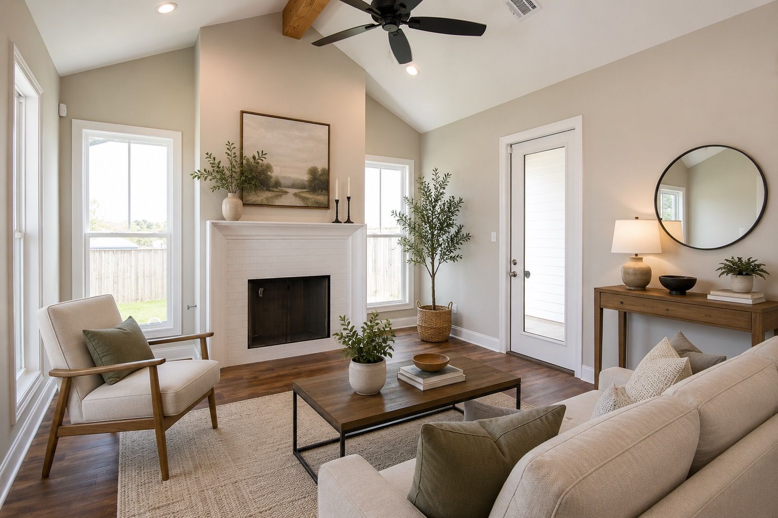 Bright staged living room with fireplace